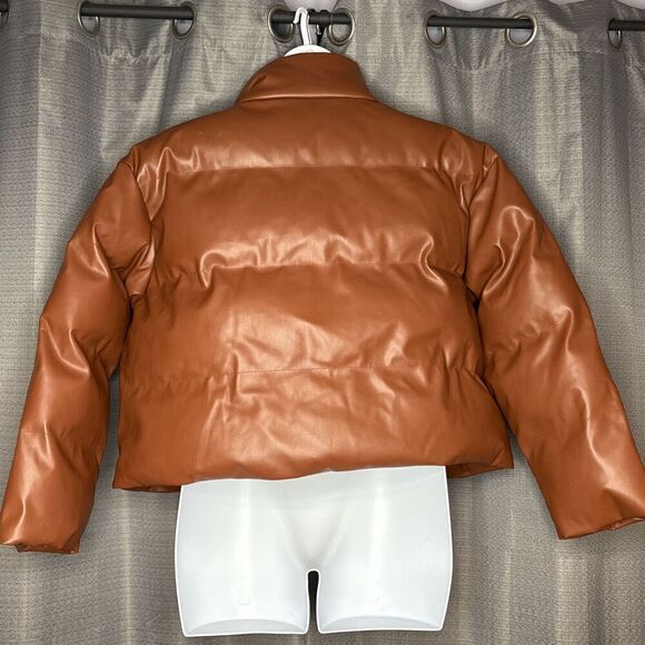 A New Day Faux Leather Cropped Puffer Jacket Brown Women’s Large - Picture 8 of 11
